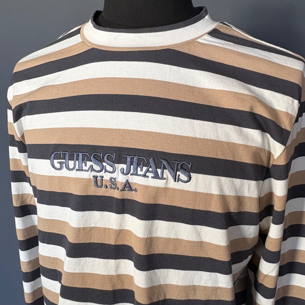 Guess Jeans Shirt | Size Small | Brown Gray Khaki Stripe Vintage USA 90s